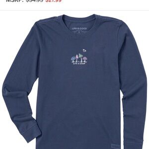 Life Is Good Women’s Blue Long Sleeve Tee (‘Retro Mushroom’)